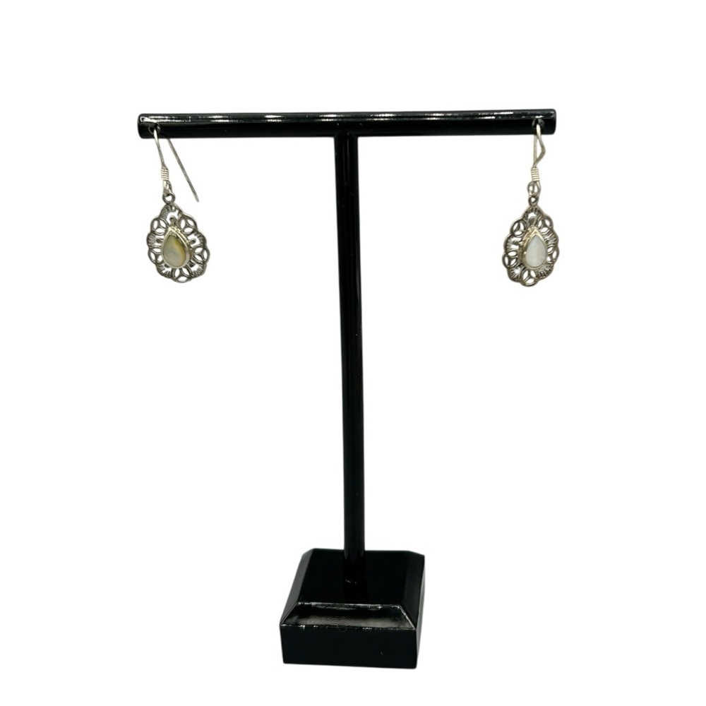 Vintage Silver Tone Teardrop Dangle Earrings Filigree Mother of Pearl Look